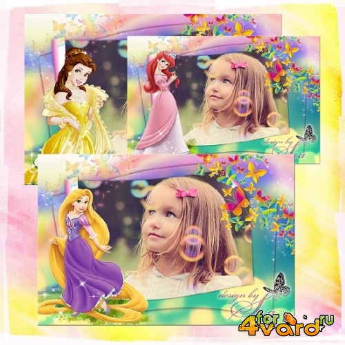  Детская рамка для фото - Принцессы Диснея: Рапунцель, Русалочка Ариэль, Бель